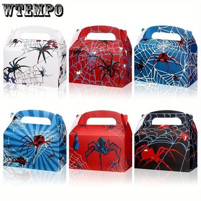 18pcs Spider Birthday Party Favor Boxes 6 Style Spider Gifts Goodie Treat Boxes with Handles Spider Birthday Decor Candy Bag for Party Supplies