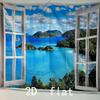 VIKAMA Fake Window Ocean View Tapestry with Tropical Island Sailboat for Bedroom Living Room Decor Aesthetic Healing Wall Art