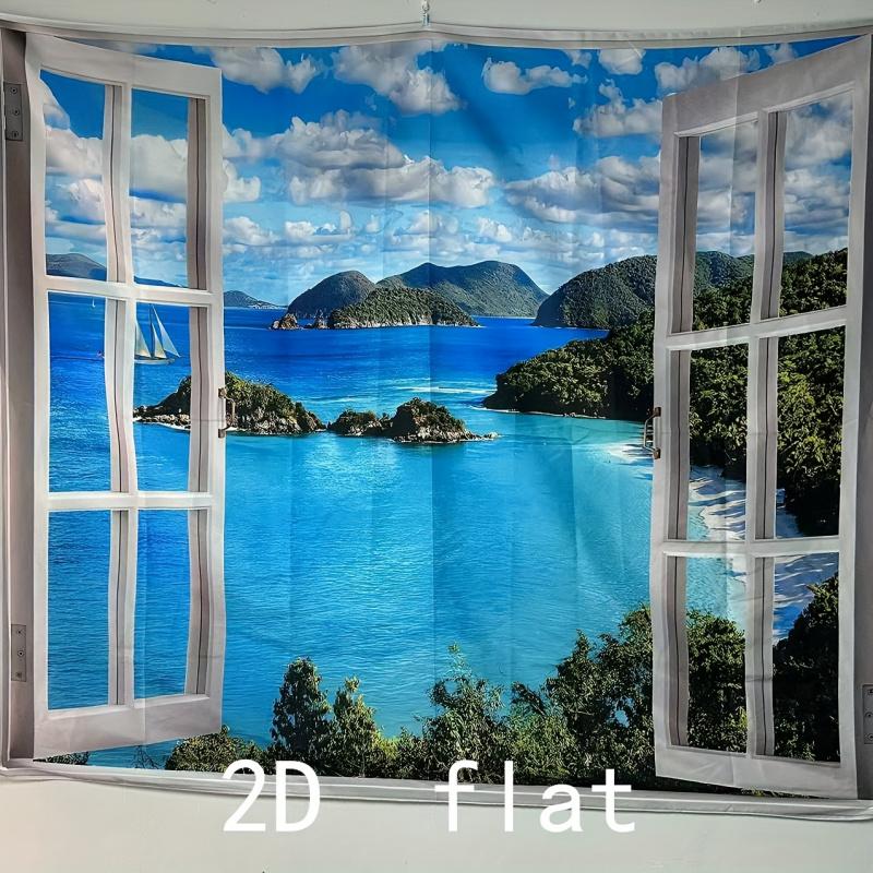 VIKAMA Fake Window Ocean View Tapestry with Tropical Island Sailboat for Bedroom Living Room Decor Aesthetic Healing Wall Art