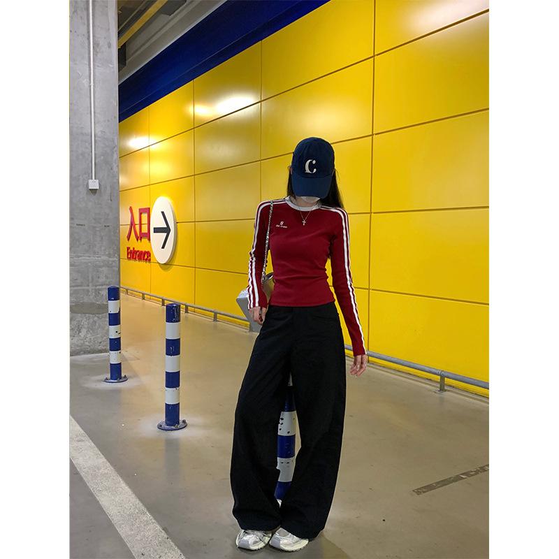 Burgundy Bar Design Bottoming Shirt Women's Spring Slim and Thin Spice Girl Embroidered Long-sleeved T-shirt Top