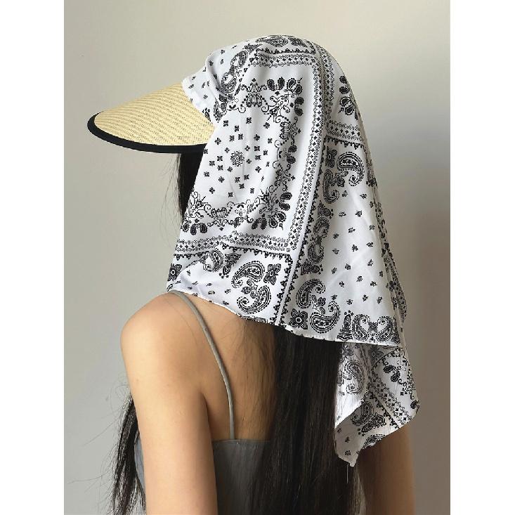 

Summer seaside vacation style straw sun hat with ice silk headscarf, versatile sun protection hat with neck protection, integrated headscarf and Average Size