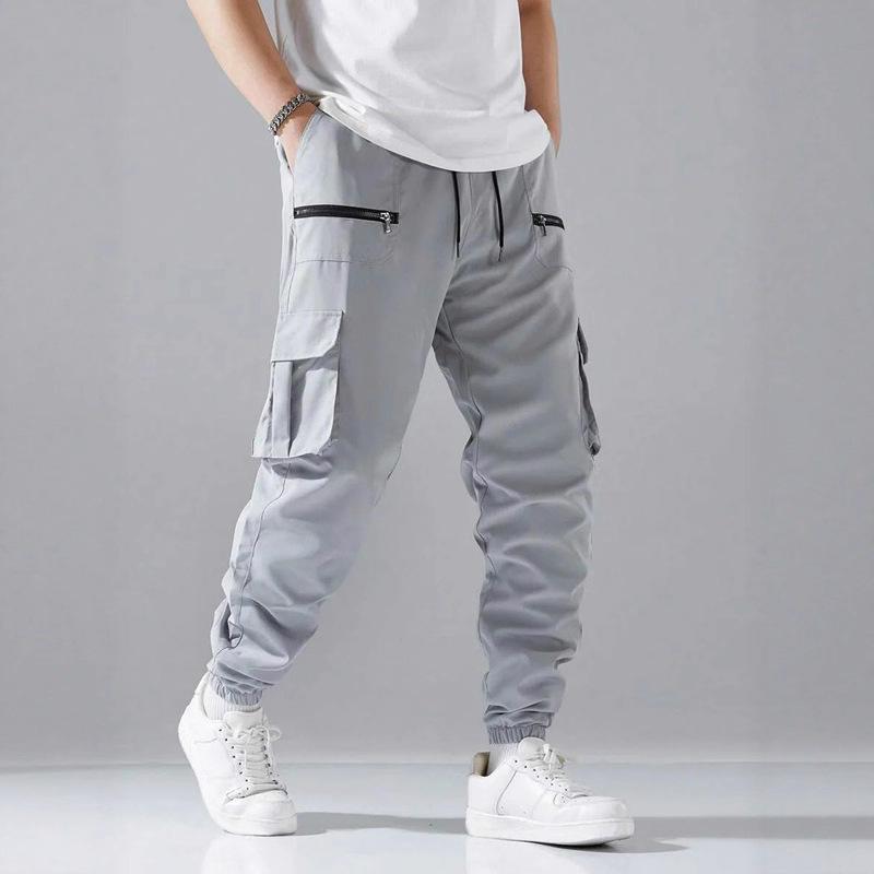 Men's Jogger Cargo Pants Multi Zipper Pockets Drawstring Elastic Waist Streetwear Tactical Ankle Cuffed Trousers