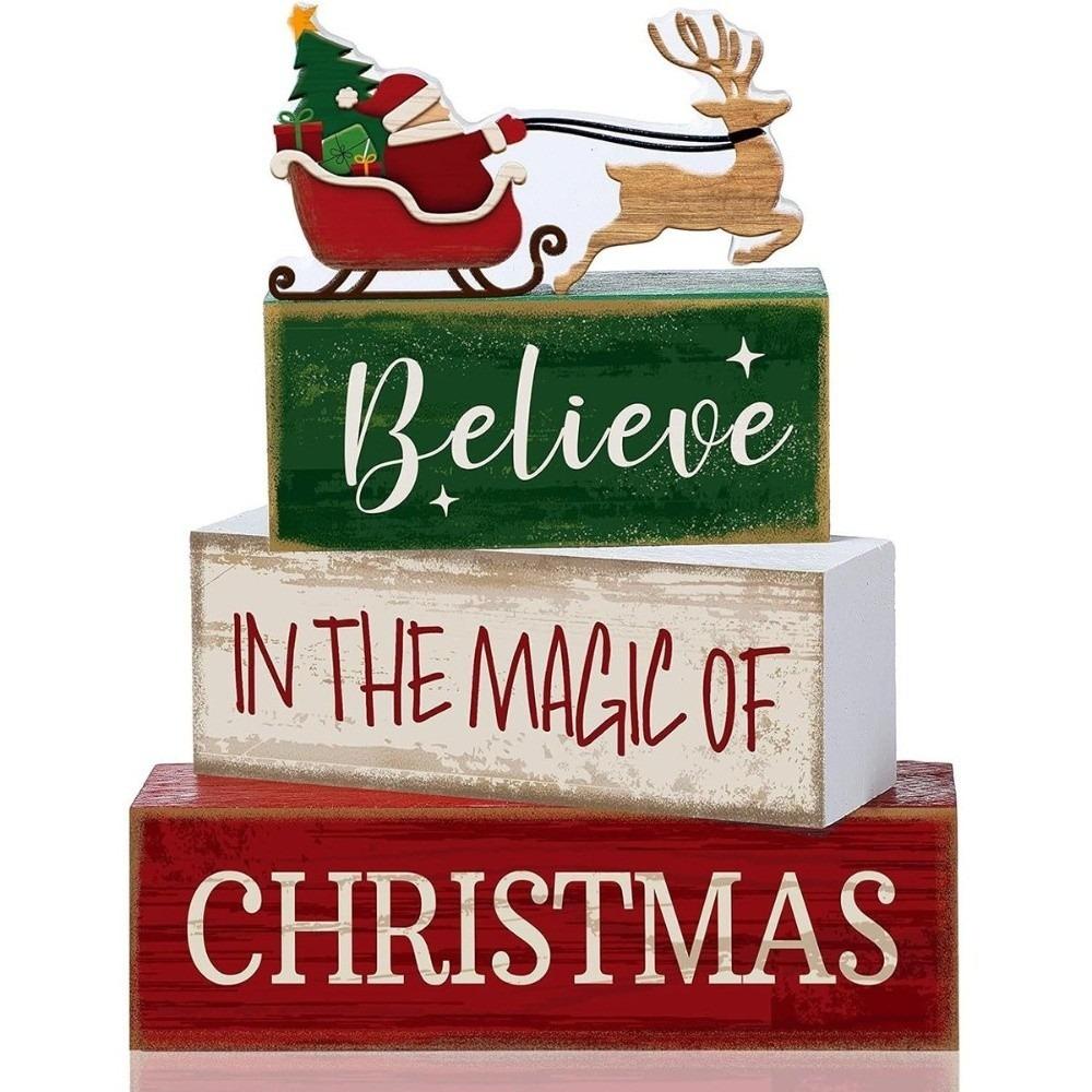 4Pcs Stacked Christmas Table Decoration Wooden Xmas Tiered Tray Decor for Home Kitchen