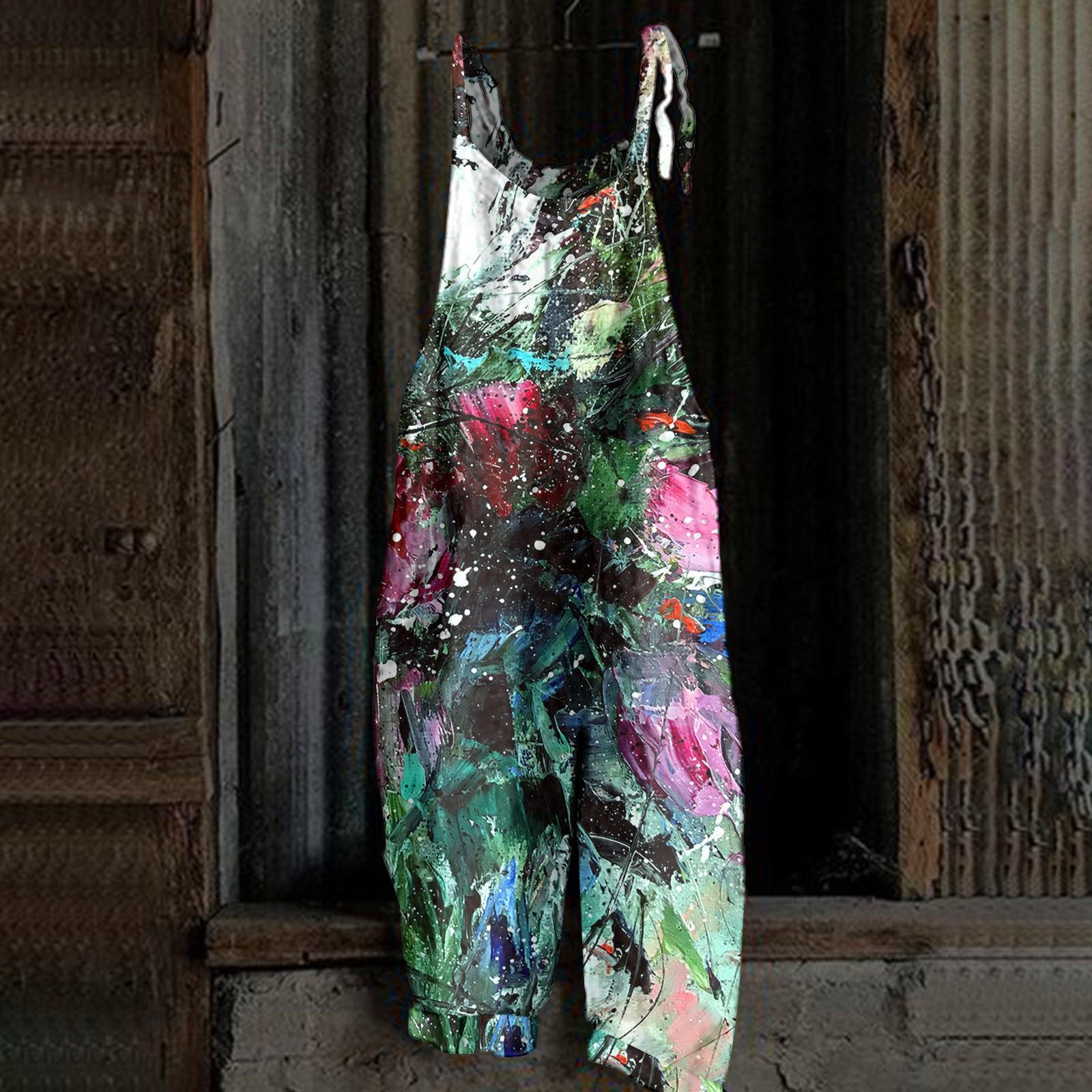 

Женский комбинезон с принтом, повседневный, свободный, винтажный, с бретельками, из хлопка и льна XXL чёрный