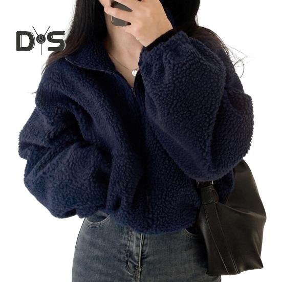 Women Winter Coat Thick Fleece Stand Collar Neck Protection Zip-up Short Type Cardigan Long Sleeves Cold-proof Outerwear School Outdoor Jacket