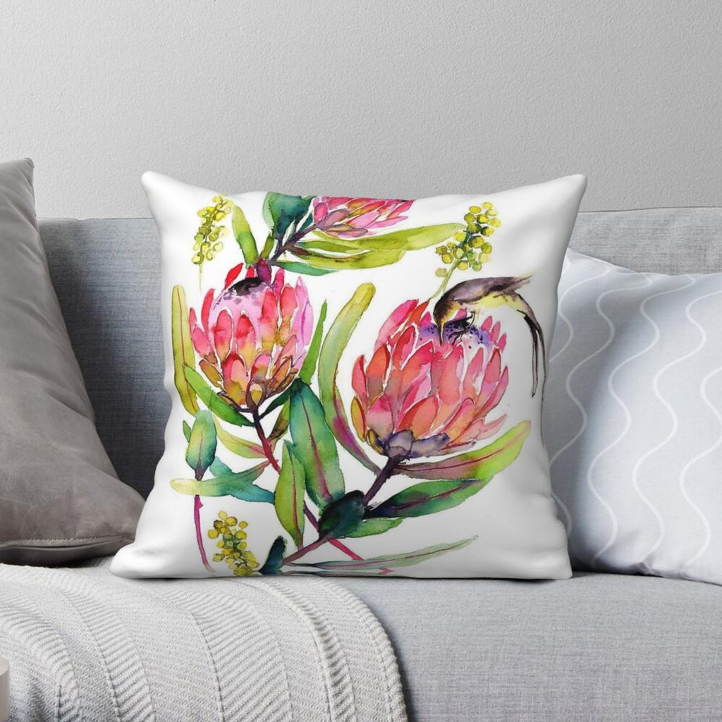 Pink Protea And Bird Blossoms Square Pillowcase Polyester Linen Velvet Printed Zip Decorative Pillow Case Home Cushion Cover