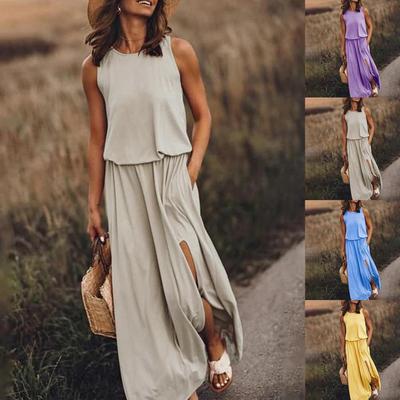 Women Female Dress Loose Split Hem Round Neck Split Hem Dress
