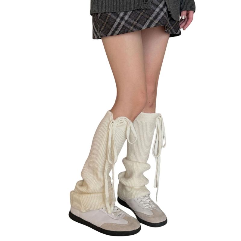 Women Ribbed Knitted Leg Sleeves with Ties Drawstring for Winter Warmth Vertical Striped Leg Warmers Footless Boot Socks