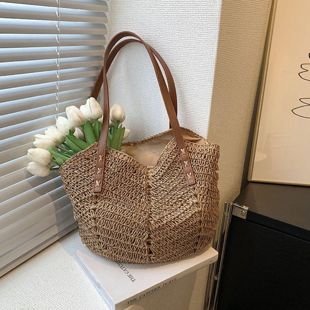

Hollow Out Weave Straw Bag Shoulder Bag Beach Bag Trendy Raffia Bag Holiday хакі