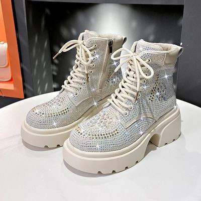 Sequin Diamond Short Boots Women  Autumn Winter British Fashion High Top Thick Heel Lace Up Boots Outdoor Party Casual Shoes