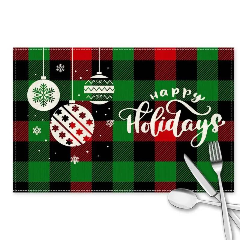 1PC Christmas Green Plaid Print Table Mat Linen Non Slip Decorative Rural Table Mat Suitable for Kitchen Wedding Party Supplies 1PC 30x45CM