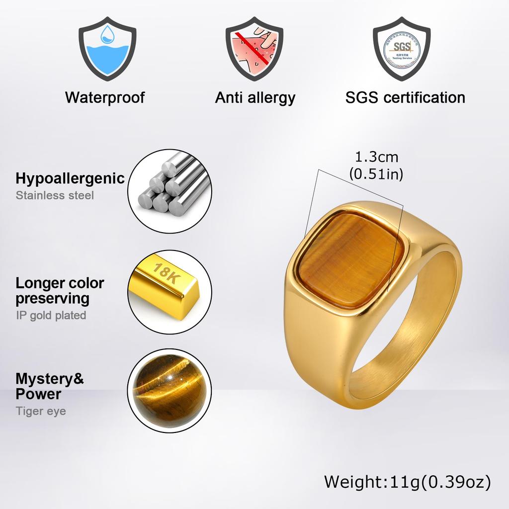 Tiger Eye Stone Signet Ring for Men,Stainless Steel Brown Natural Stone Ring,Rock Punk Cool Fashion Jewelry Gift