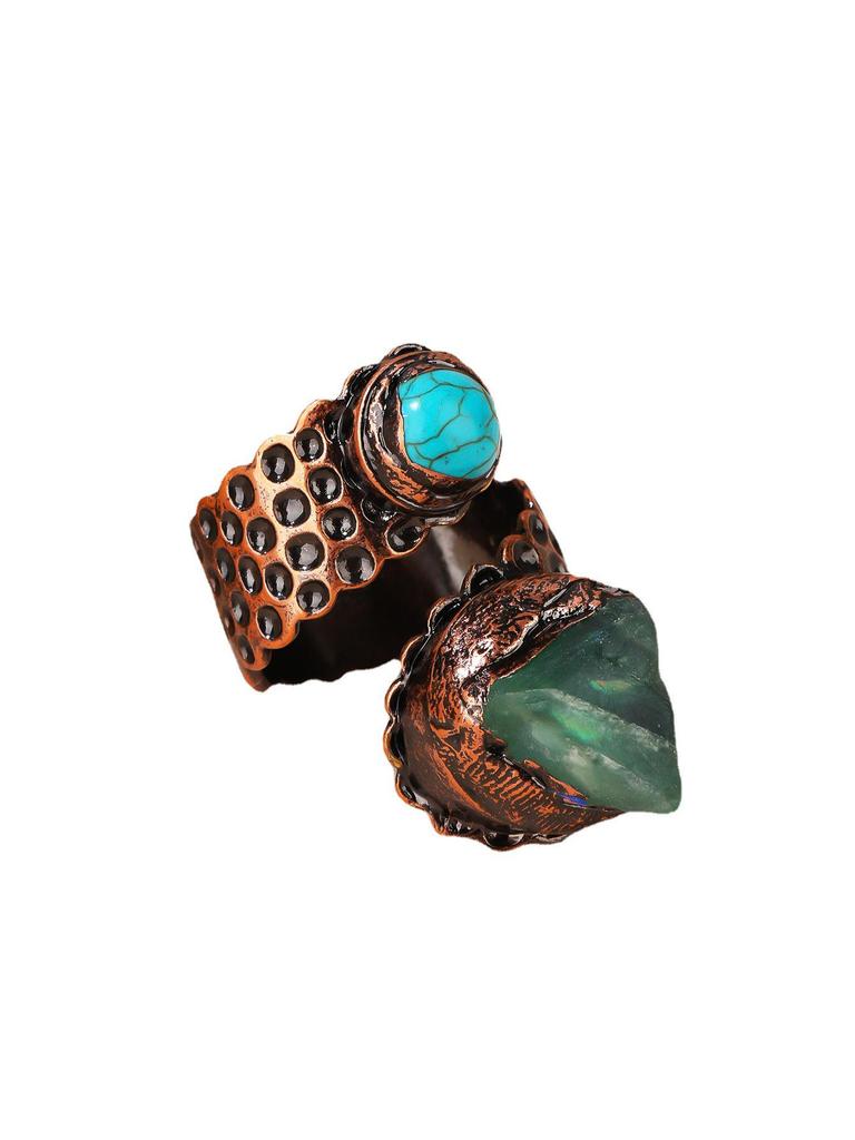 Retro Green Fluorite Handmade Adjustable Snake Ring in Electroplated Antique Bronze