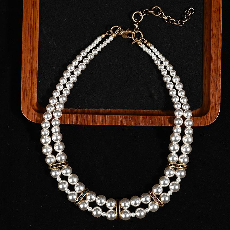 Vintage Multi-layer Diamond-encrusted Pearl Necklace, French Retro Light Luxury Sweater Chain, Elegant Woman