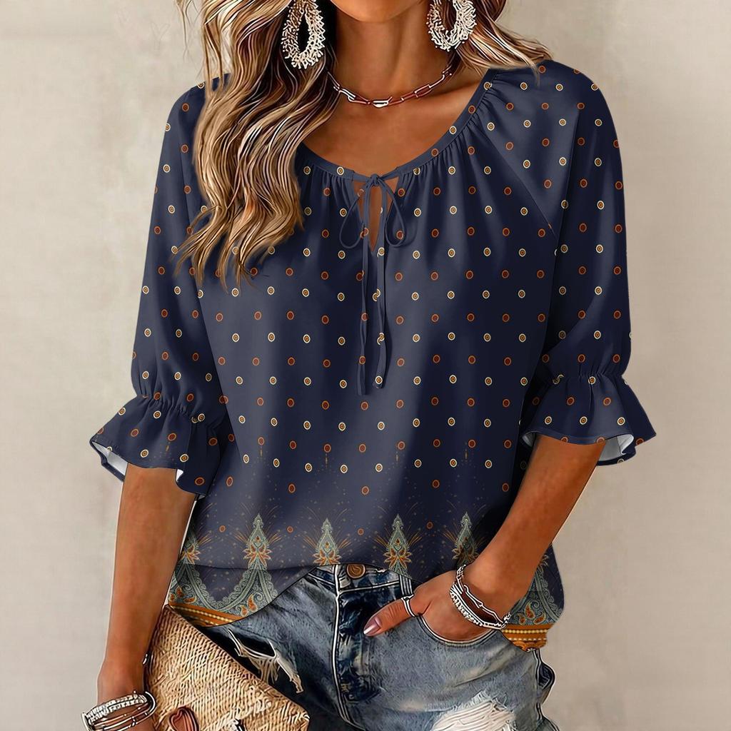 Damen Vintage Blumenmuster Bluse mit Bindekragen und Rüschen-Dreiviertelärmeln