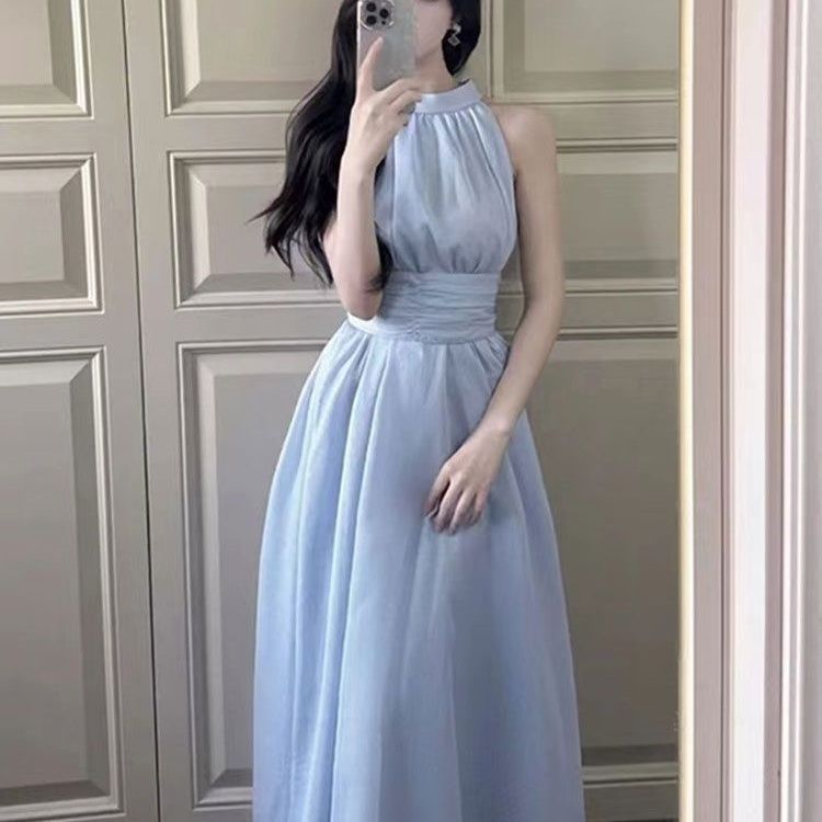 French blue neck sling dress women's summer new small seaside vacation fairy dress