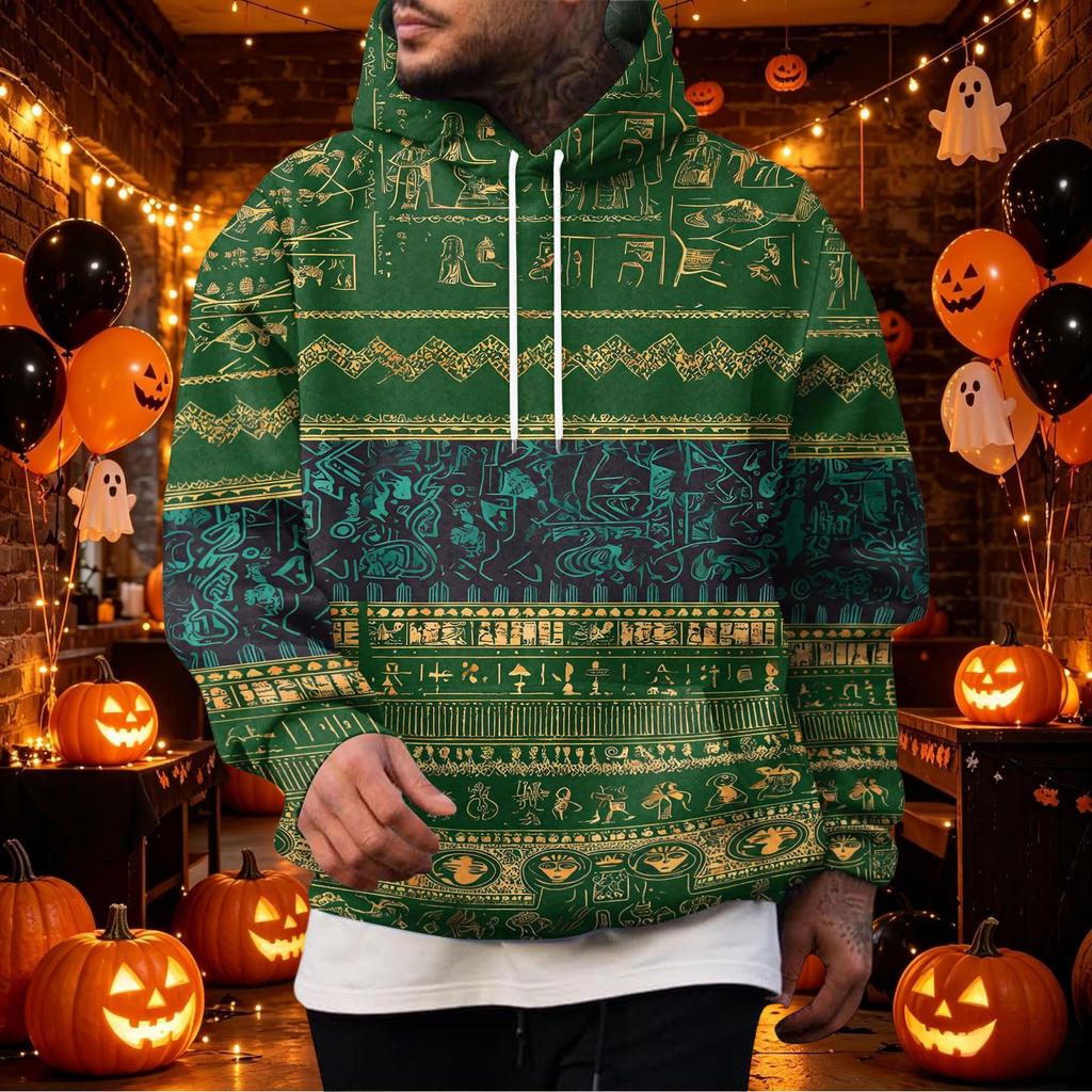 Men's Vintage Hoodie with Print and Patchwork Design, Single Pocket Casual Top