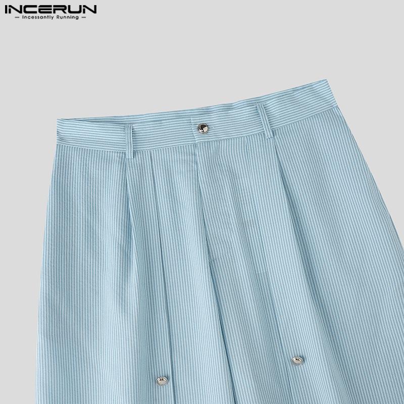 INCERUN Men Capri Casual Loose Wide Leg Buttons Striped Cropped Pants Shorts
