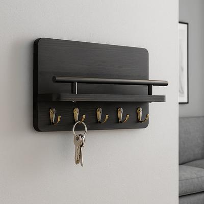 Retro Wooden Key Holder Floating Shelf Wall Mounted Coat Hook with 5 Hooks Decorative Hook Clothes Storage Rack Home Decor