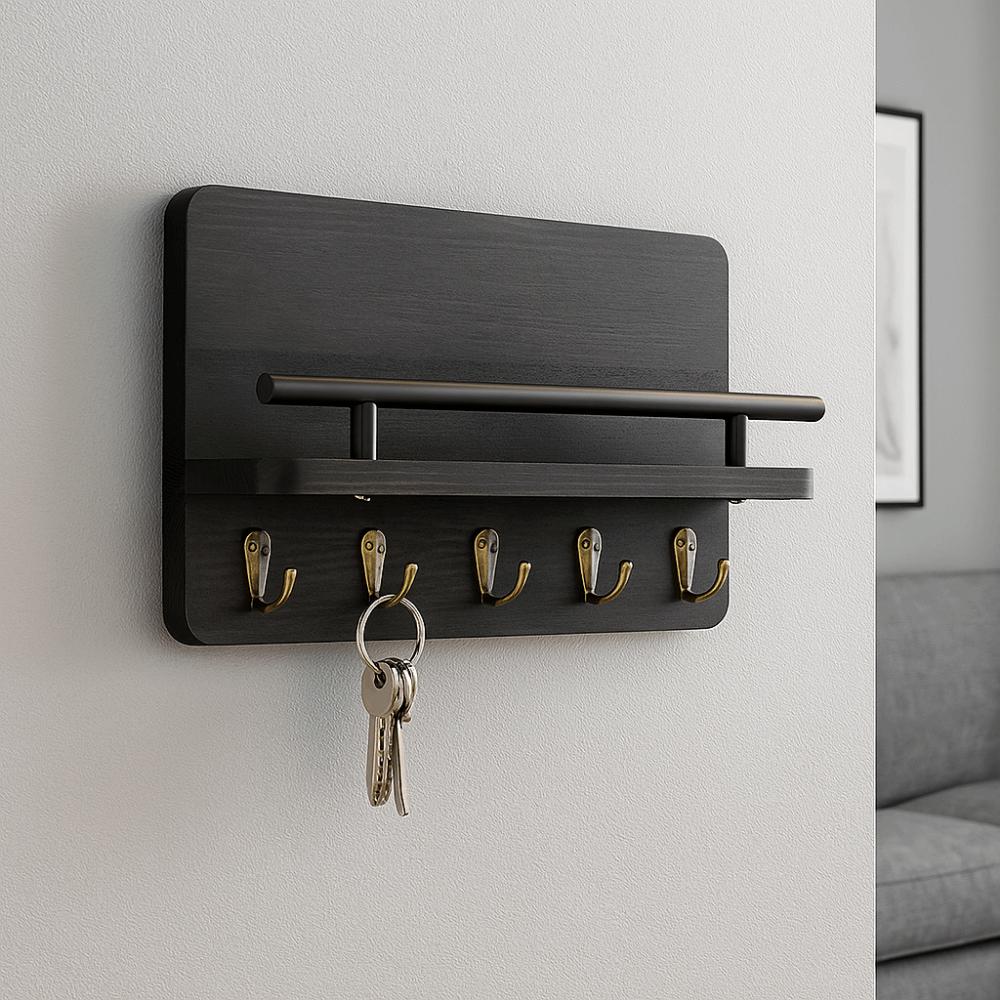 Retro Wooden Key Holder Wall Mounted with 5 Hooks Coat Hook Decorative Hook Floating Shelf Clothes Storage Rack Home Decor