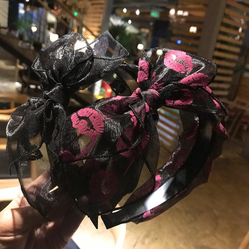 Korean Women Mesh Hairbands Knotted Hair Hoop Print Lips Bow Hair Accessories for Girls Fashion Female Headbands