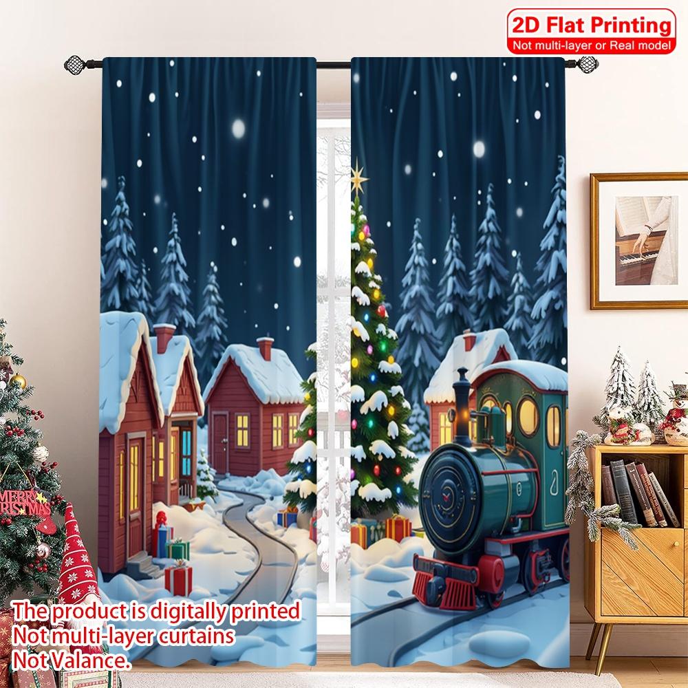 

2pcs 2D flat printing Merry Christmas Popular Window Curtains Christmas Village Train Tree Polyester Without Electricity Party & 52.50×116.00 CM 2pcs