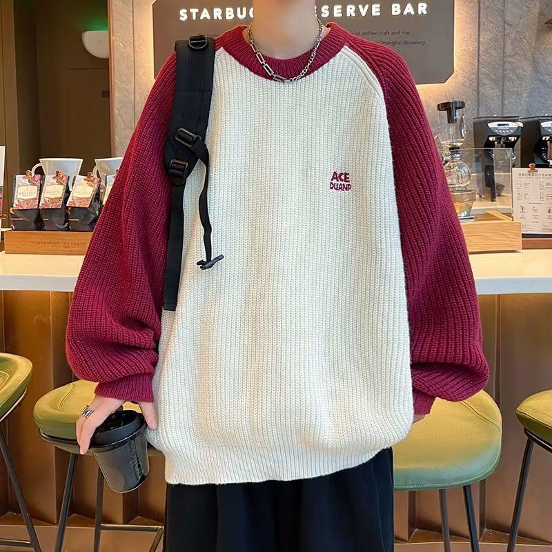 Men’s Retro American Style Raglan Sleeve Color Block Knitwear Jacket M