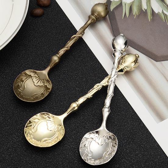 Yousheng Coffee Spoon 4.2 Inch Vintage Carved Coffee Spoon with Deep Bowl Head for Sugar Honey Jam Stirring Hot Coffee Tea Dessert Cake Ice Cream