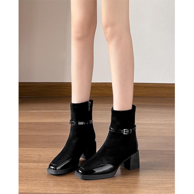 High-heeled short boots women's 2025 new side zipper thick heel winter women's boots square head splicing medium tube fashion boots
