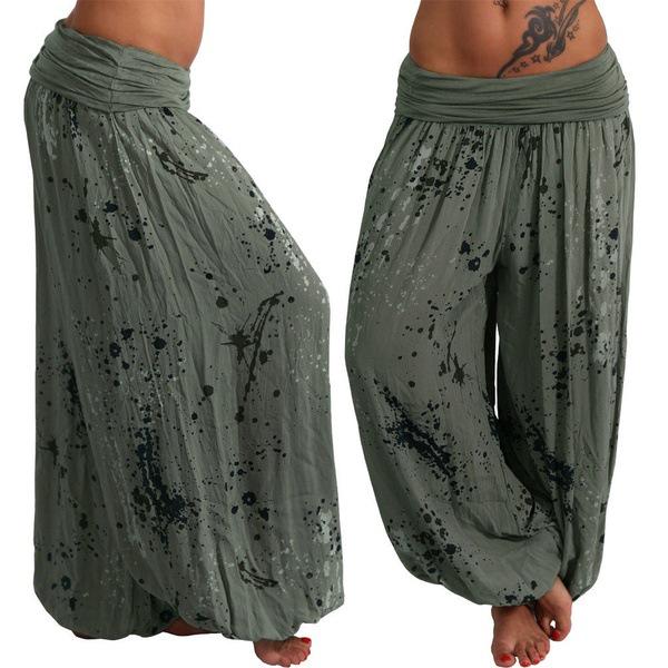 Women Casual Boho Print Pants Wide Leg Pants Loose Pocket Button Pants