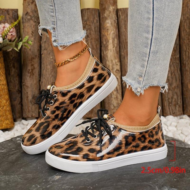 Women's Low Top Leopard Design Casual Sneakers Spring Autumn New Style Lace-up Flat Shoes Ladies Comfortable Footwear