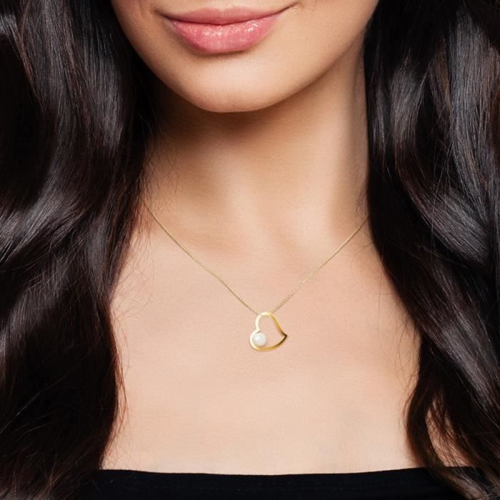 Compagnie Générale des Perles - Pendentif Coeur - Véritable Perle de Culture Ronde 6-7 mm - Or Jaune 18 Carats - Bijou Femme