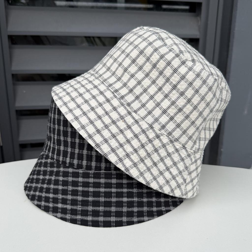 New double-sided plaid bucket hat women's summer thin big-brimmed sun hat outdoor plain face covering sun protection hat