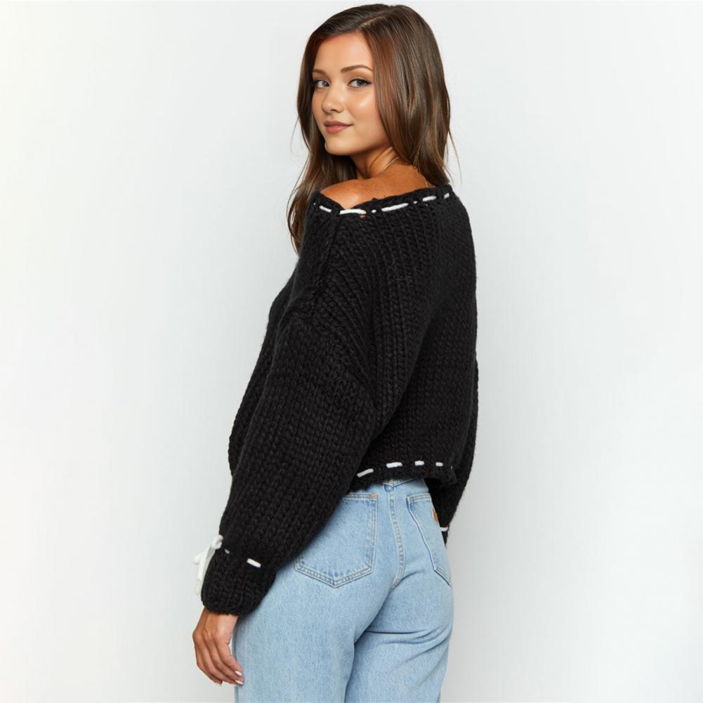 Maglione da Donna Girocollo Manica Lunga Lavorato a Maglia Top Monocolore Allacciatura Fiocco Vestibilità Comoda Vestibilità Maglieria Elastica