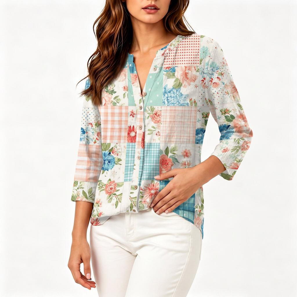 Women's Vintage Floral Print Patchwork Henley Collar Button Down 3/4 Sleeve Cotton Linen Shirt Casual Loose Fit Blouse