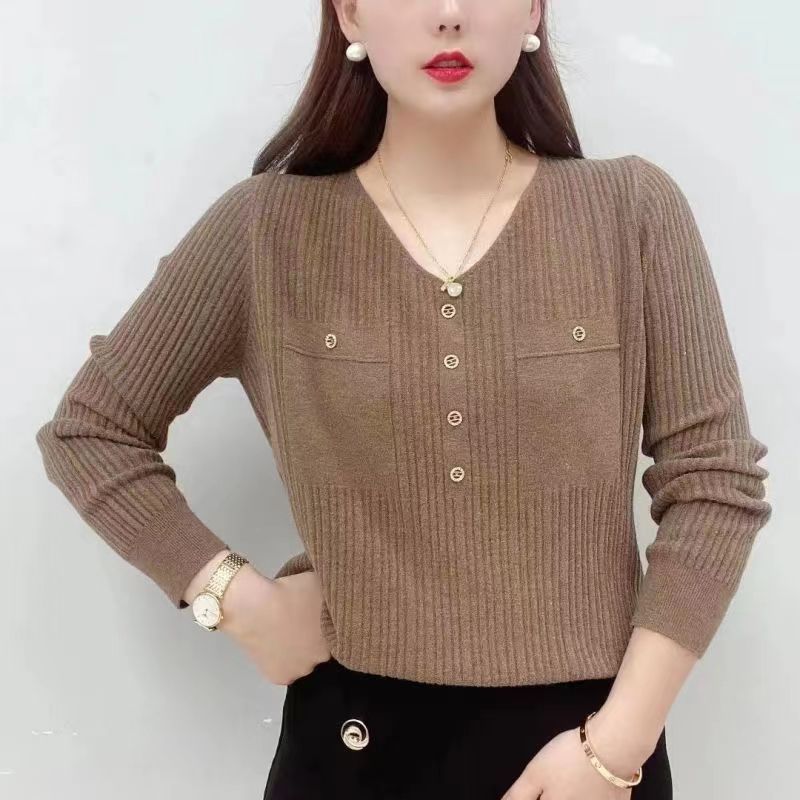 Women's Autumn Sweater Long Sleeve Knit V-Neck Pullover Loose Thin Sweater Top