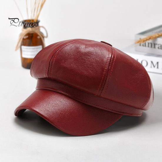 Women Beret Hat Spring Summer Retro Solid Color Faux Leather Short Brim Decorative Sun Protection Anti-UV Breathable Lady Painter Unisex Octagonal Cap