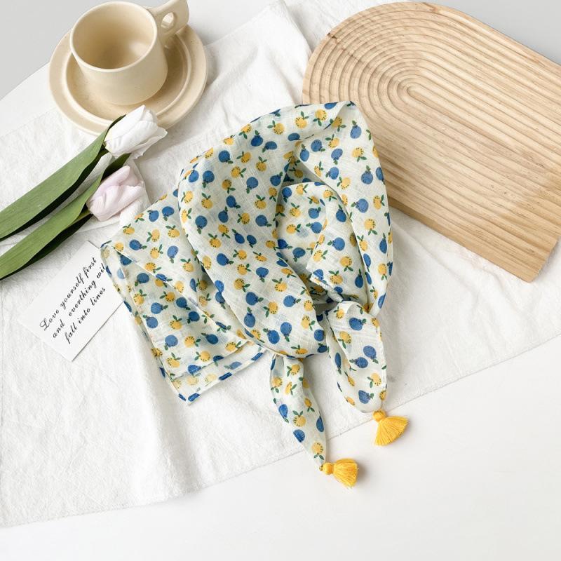 Small Fresh And Sweet Silk Scarf Square Scarf High-End Cute Style With Cotton And Linen Small Square Scarf Women'S Scarf Fringed Pendant