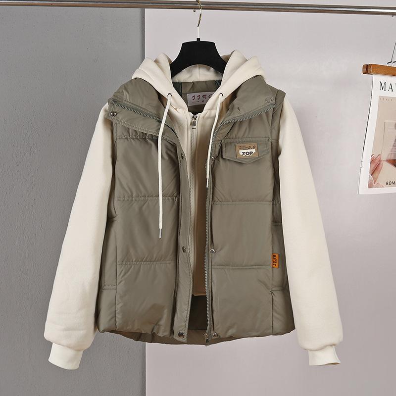 Winter New Velvet Jacket Short Versatile Korean Version Hooded Splicing Down Cotton Jacket