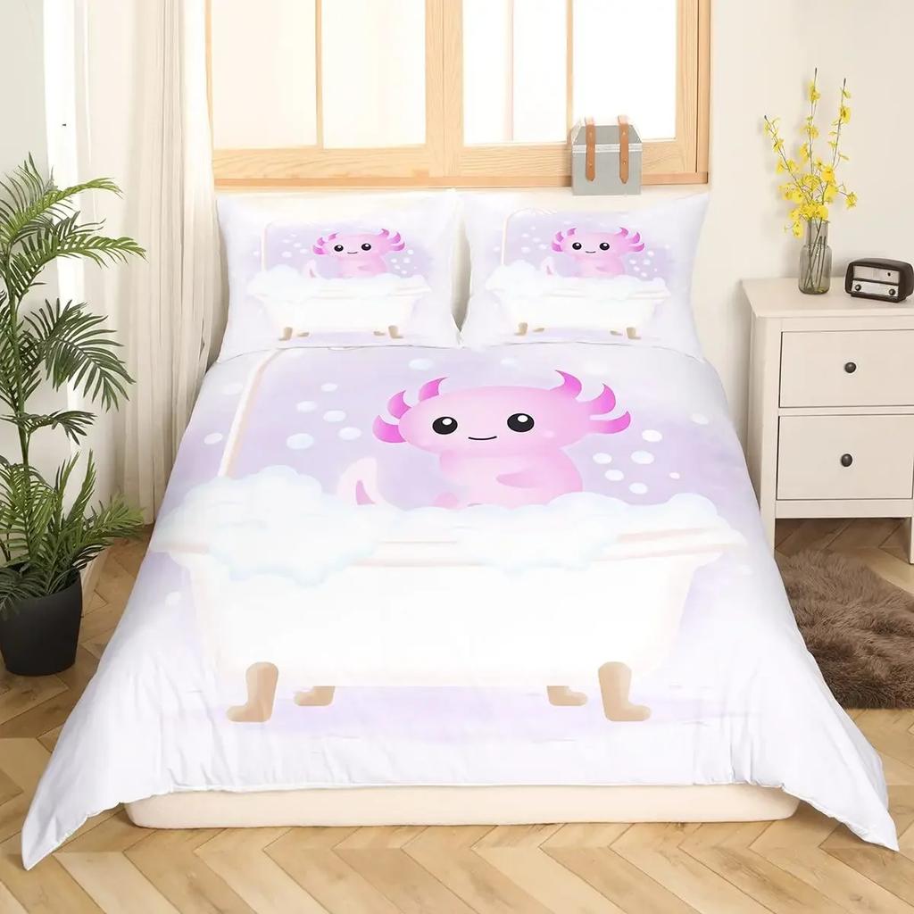 Comforter Cartoon Pink Axolotl Floral King Queen Kawaii Salamander Bedding Set 3D Animal Polyester Comforter