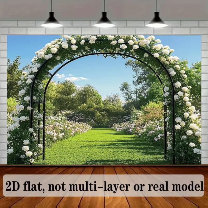 Romantic Garden Arch Backdrop, Elegant Sunny Park Scene with White Roses and Lush Greenery, Timeless and Fresh Wedding Wall Art