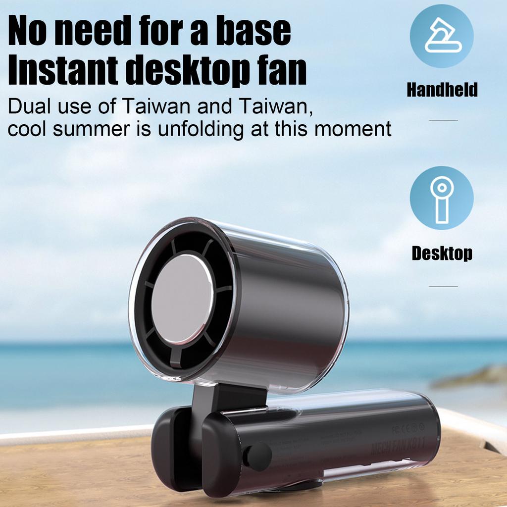 Portable  Conditioner Fan With  Function, 4000mAh Rechargeable Battery, Transparent Mechanical Fan Design, And Comes With A Lightweight Lanyard.
