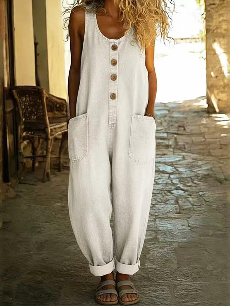 2026 Spring Women's Retro Wide-Leg Faux Denim Jumpsuit Overalls