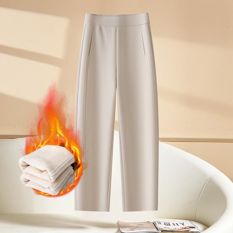 

Женские брюки прямого кроя из смеси шерсти и шелка тутового дерева с эластичной талией и велюровой отделкой - Коллекция Зима 2024. XL грязно-белый