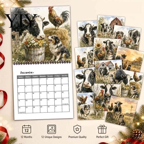 Family Schedule Planner Country Life 2027 Wall Calendar, Jan 2027- Dec 12 Retro Style Art Monthly Planner, Farm Animals Hanging Calendar for