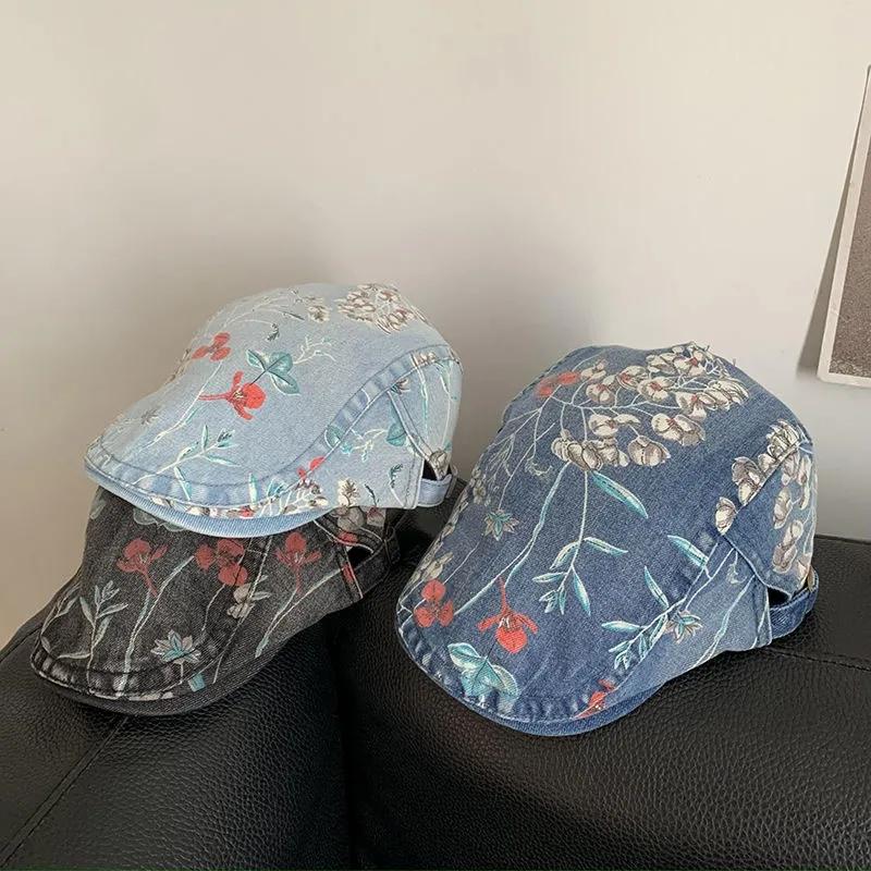 WTEMPO Retro Simple Casual Floral Printed Denim Berets Women All Match Ethnic Style Solid Color Cotton Kepi Hats
