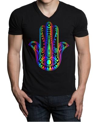 Rainbow Foil Hamsa Hand V Neck Black Namaste Hindu Spirit Yoga Tee Unisex T-shirts