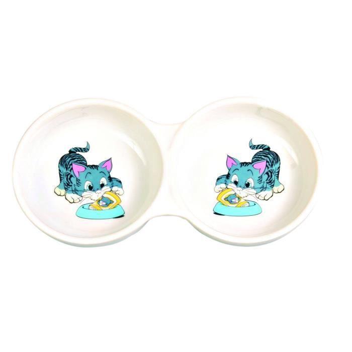 Ecuelle Double - TRIXIE - Céramique - 2 X 0,15 L - Ø 11 Cm - Blanc Pour Chat