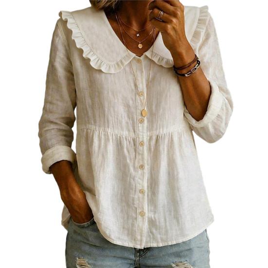 

Women Shirt Ruffled Large Lapel Long Sleeve Buttons Placket Shirt Tops Pure Color Loose Fit Mid-Length Hem Casual Tops S белый