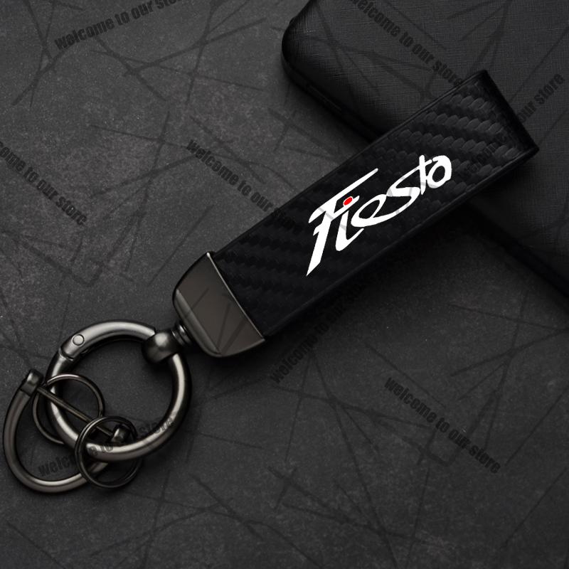 AAAMG1 Car Keychain For Ford Fiesta ST MK6 MK7 MK8 Logo Carbon Fiber Leather Zinc Alloy Emblem Key Chain Accessories